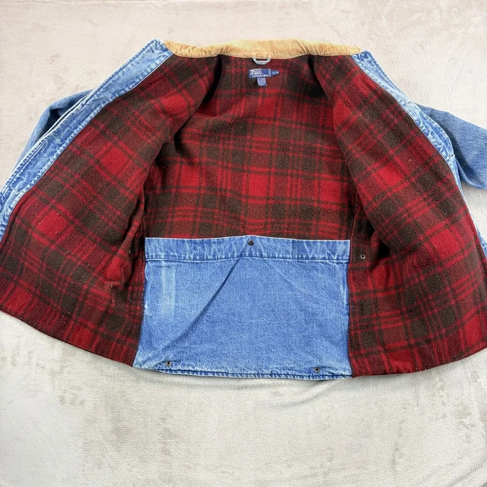 VTG Polo Ralph Laure Mackinaw Denim Cord Collar Jacket Men XL Wool Lined RARE